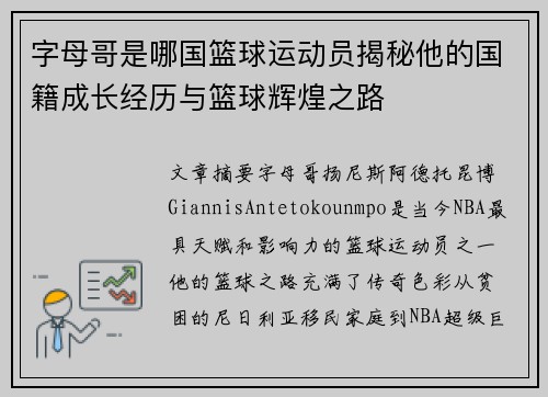 字母哥是哪国篮球运动员揭秘他的国籍成长经历与篮球辉煌之路