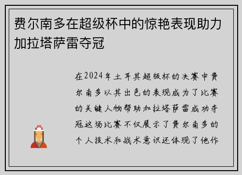 费尔南多在超级杯中的惊艳表现助力加拉塔萨雷夺冠