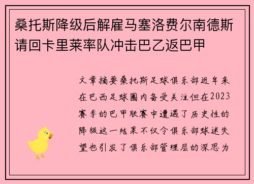 桑托斯降级后解雇马塞洛费尔南德斯请回卡里莱率队冲击巴乙返巴甲